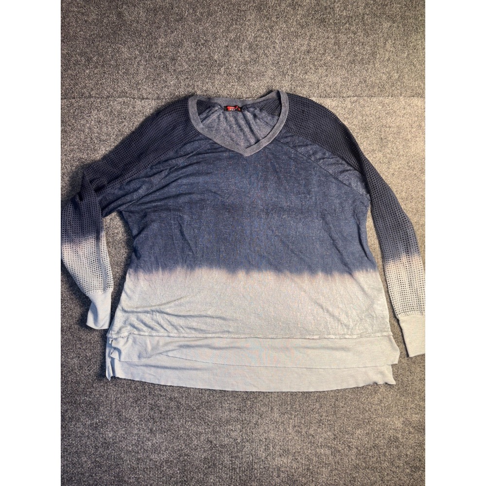 T Party Knit Top Women Large Navy Deep Dye High Low Slit Mesh Long Sleeve V-Neck